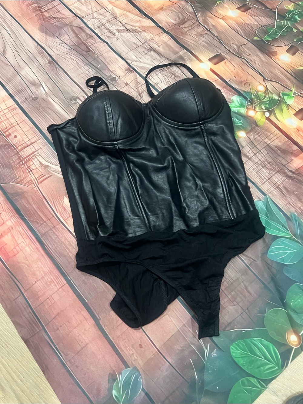Say What? Black Faux Leather Bustier Bodysuit